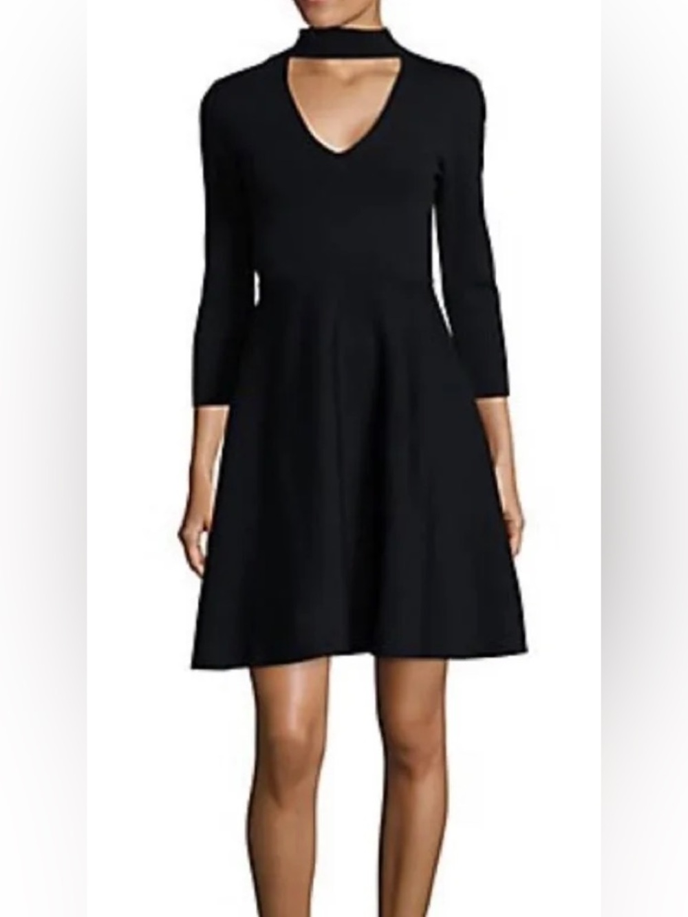 Eliza J Black Knit Choker Cut Out Fit Flare Dress Heavy Knit Stretch Size M NEW